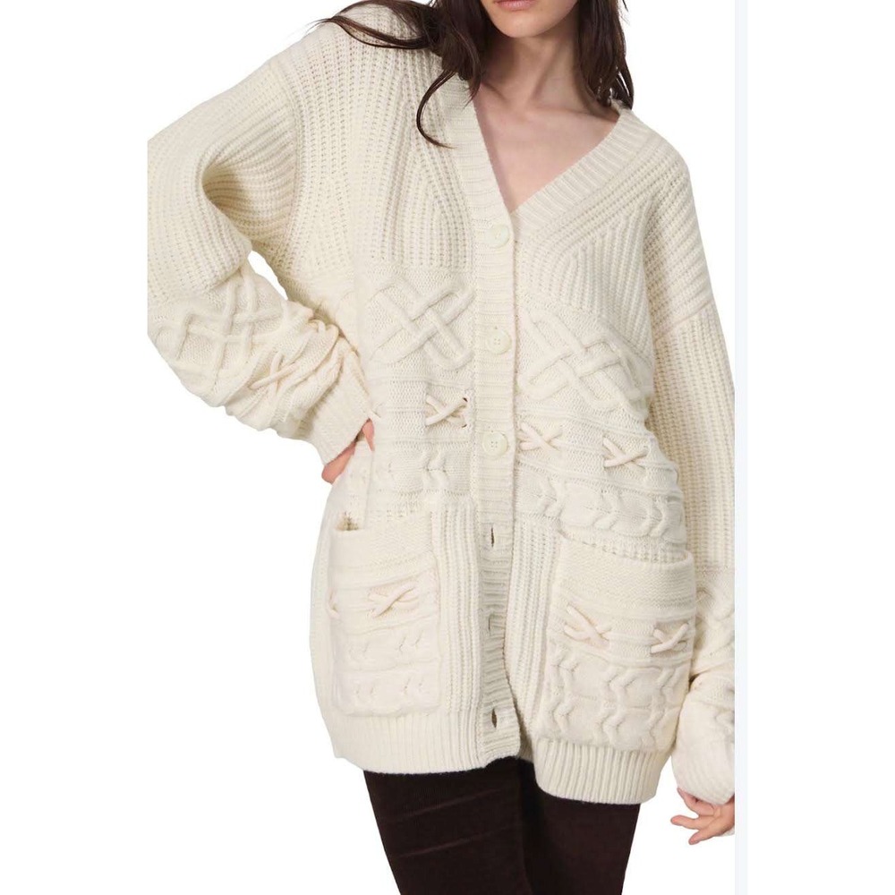 Rag & Bone Wool Cashmere Cable Knit Oversized Cardigan Ivory White Large